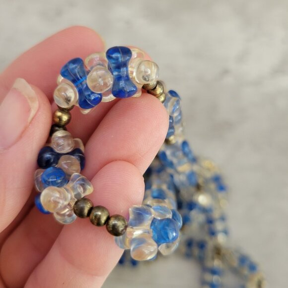 Vintage Blue Clear Plastic Bead Necklace Long Brass Spacers 32in Retro Mod Style - Picture 2 of 6